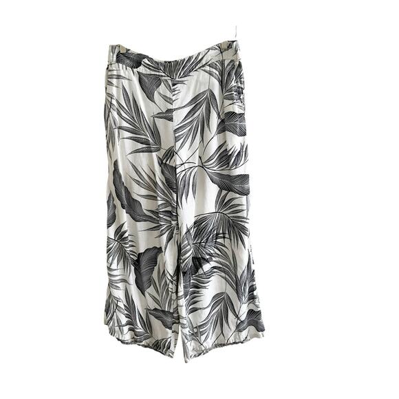 Tahari Pants - Tahari Palm Print Tropical Cropped Wide Leg 100% Linen Pants XL Black Ivory